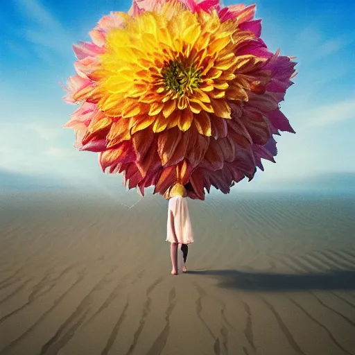 Image similar to closeup giant dahlia flower under head, a girl walking between dunes, surreal photography, sunrise, blue sky, dramatic light, impressionist painting, digital painting, artstation, simon stalenhag
