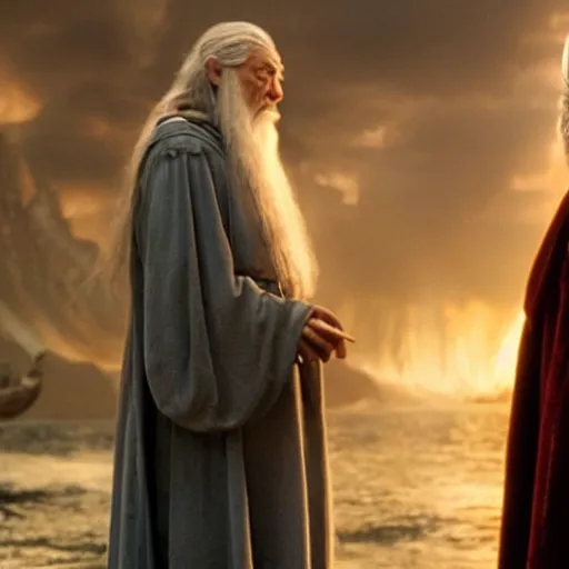 Image similar to film still of leonardo di caprio as gandalf standing against balrog in lord of the rings 2 0 0 1