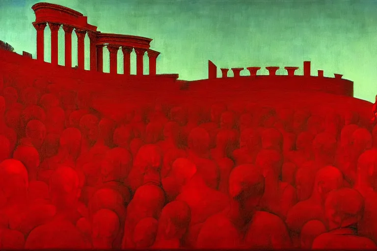 Image similar to only with red, a red great emperor, taormina amphitheatre, expressive crowd with big smile, in the style of beksinski, parts by edward hopper, parts by rodcenko, parts by yue minjun, intricate and epic composition, red by caravaggio, insanely quality, highly detailed, masterpiece, red light, artstation, 4 k