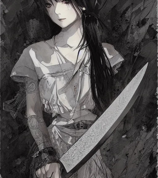 Prompt: portrait of anime girl holding a cleaver, pen and ink, intricate line drawings, by craig mullins, ruan jia, kentaro miura, greg rutkowski, loundraw