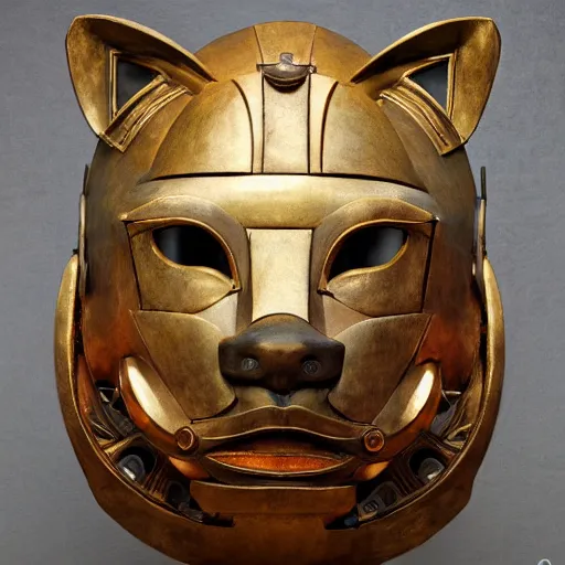 Image similar to masterpiece sculpture of a mechanical robot cat head mask, by annie swynnerton and diego rivera and nicholas roerich and jean delville, symbolist, dramatic lighting, god rays, elaborate geometric ornament, art brut, soft colors, smooth, sharp focus, extremely detailed, adolf wolfli and ( donato giancola )