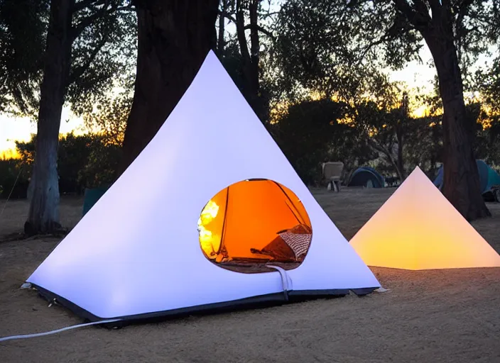 Image similar to geometric cat shaped burning man canvas tent, internally illuminated