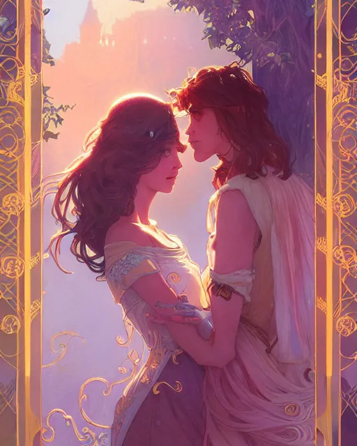 Image similar to secret romance, highly detailed, gold filigree, romantic storybook fantasy, soft cinematic lighting, award, disney concept art watercolor illustration by mandy jurgens and alphonse mucha and alena aenami, pastel color palette, featured on artstation