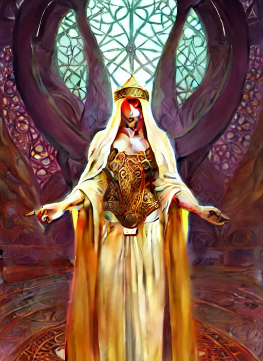 Image similar to portrait of a full body of curvy young female solarpunk priestess in byzantine robes, fantasy, flat lighting, intricate, highly detailed, digital painting, artstation, concept art, smooth, sharp focus, illustration, art by simon bisley and greg rutkowski and boris vallejo and alphonse mucha, natural tpose