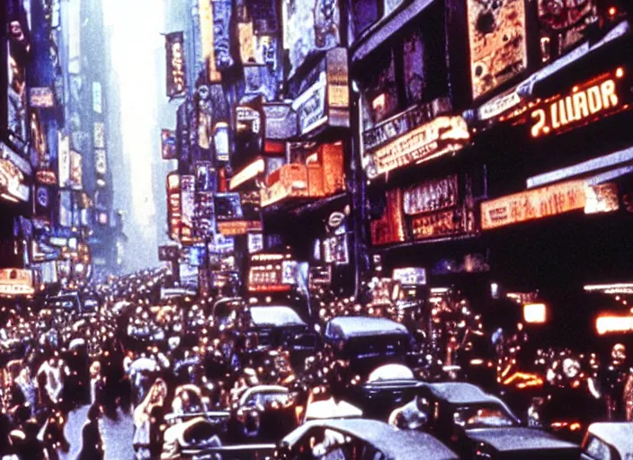 Prompt: crowded city street scene from the 1982 science fiction film Blade Runner