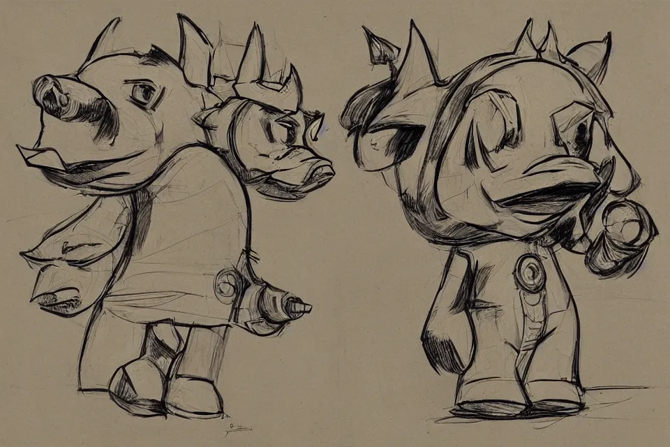 Image similar to concept sketches of a pig wearing a gold crown side profile by jamie hewlett, in the style of megaman