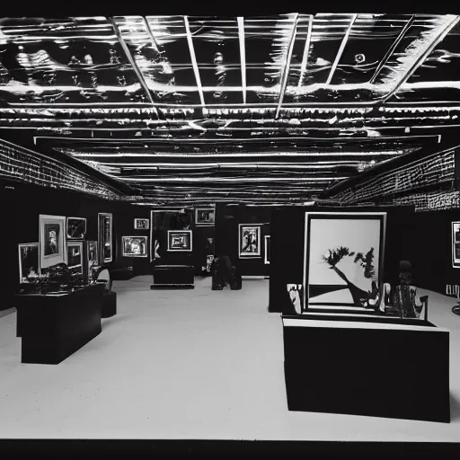 Image similar to A black and white screen print photography of gallery exhibition view from the 60s, neon light, anthropology, colonial, wild, exotic, masks, ethnography, screen printing