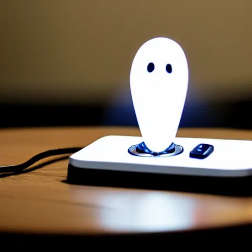 Prompt: glowing ghost flying out of a telephone dial on a table in a dark office, highly detailed