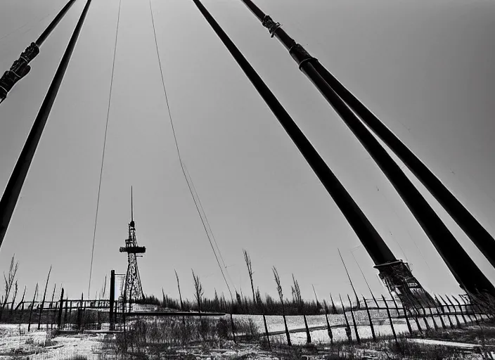 Prompt: black and white photograph with a realistic high - resolution wide - angle lens of the soviet duga - 3 antenna at chernobyl.