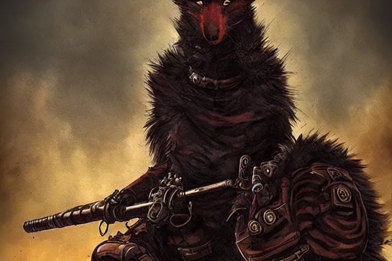 Prompt: a good ol'red - and - black weasel fursona ( from the furry fandom ), heavily armed and armored facing down armageddon in a dark and gritty version from the makers of mad max : fury road. witness me.