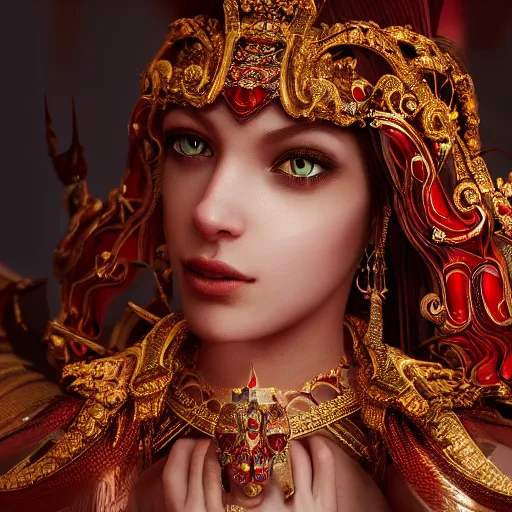 Image similar to photograph of wonderful princess with smooth fair skin, alluring eyes, red jewelry, breathtaking, elegant, ornate, intricate, hyper detailed, accent lighting, dramatic light, 4 k octane render