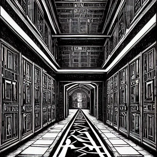 Image similar to a terrifying dark hallway with many doors and many stairs, impending doom, horror, Mc Escher architecture, epic composition, anime key visual