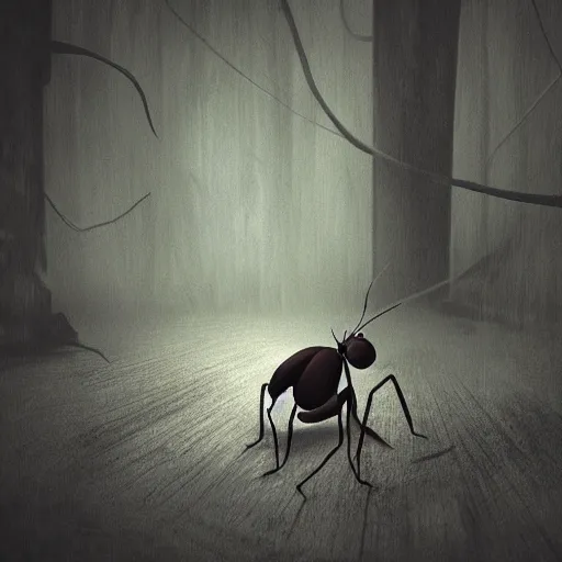 Prompt: ant in creepy scary nightmare atmosphere, realsitic