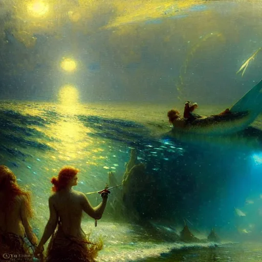 Image similar to point of view of deep in the ocean looking up, you see fishes, higher the milk way, night time, midnight. highly detailed painting by gaston bussiere, greg rutkowski 8 k