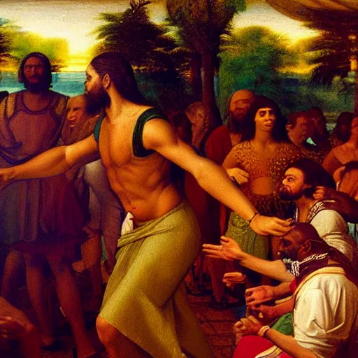 Prompt: jesus christ dancing to afrobeat music dj playing nigerian club party photorealistic ultra-realistic in the style of edward hooper and leonardo da vinci artstation hd oil painting Renaissance painting