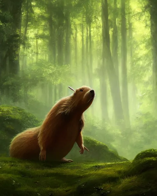 Prompt: oil painting of Anthropomorphized Capybara Druid, casting green nature magic spell, glowing eyes, sharp focus, fantasy style, octane render, volumetric lighting, 8k high definition, by greg rutkowski, highly detailed, trending on art Station, magic the gathering artwork, magical forest backround, centered