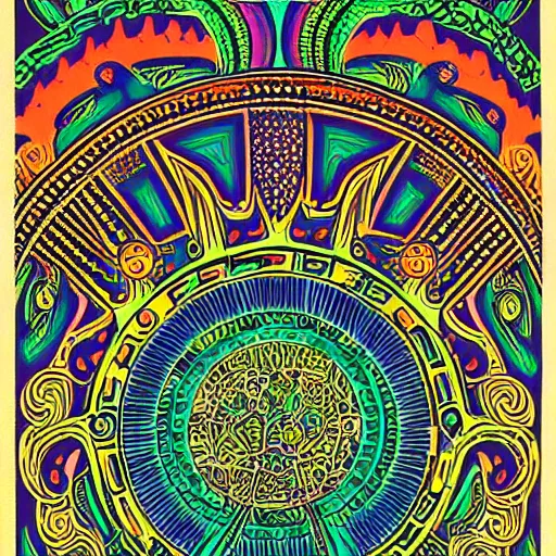 Prompt: Fillmore concert poster for The Bozone April 20, 1969 by Victor Moscoso and S. Clay Wilson, psychedelic, intricate paisley filigree mandala, day-glo colors, flowing lettering