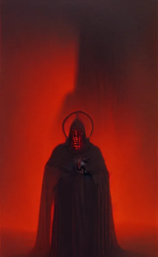 Image similar to an old priest in templar armor, king of hell, in the style of zdzislaw beksinski, glowing light and shadow, hyperrealist