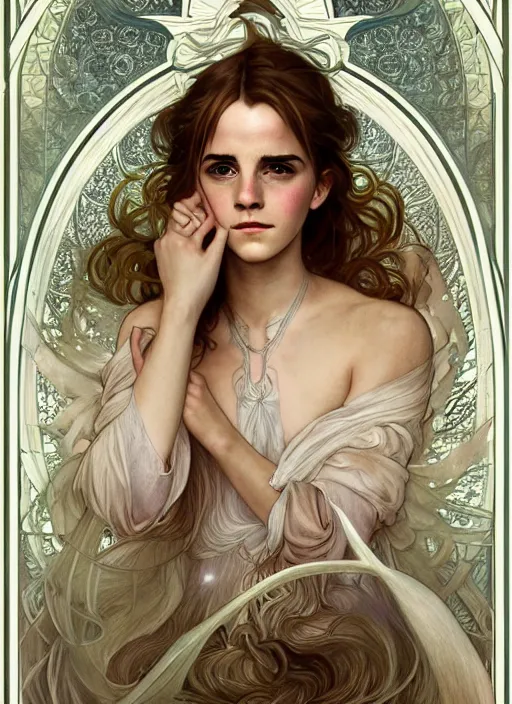 Prompt: Emma Watson as Godness of Love, cute, fantasy, intricate, elegant, highly detailed, digital painting, 4k, HDR, concept art, smooth, sharp focus, illustration, art by alphonse mucha,artgerm, H R Giger, beautiful detailed intricate insanely detailed octane render, 8K artistic photography, photorealistic,