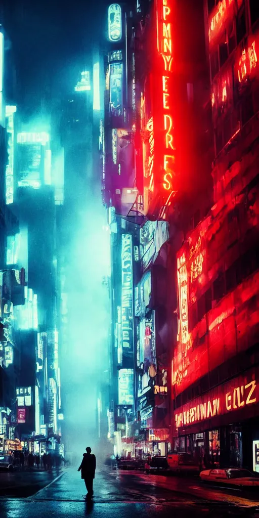 Image similar to city streets, neon signs, giant screens, eerie fog, blade runner, ex machina