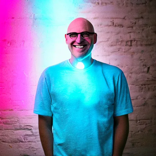 Prompt: handsome bald man smiling, dark room, blue and pink neon lights