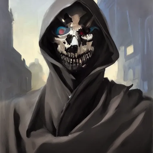 Image similar to greg manchess portrait painting of death in a black hooded cape looking at a smart phone overwatch character, medium shot, asymmetrical, profile picture, organic painting, sunny day, matte painting, bold shapes, hard edges, street art, trending on artstation, by huang guangjian and gil elvgren and sachin teng and phil hale