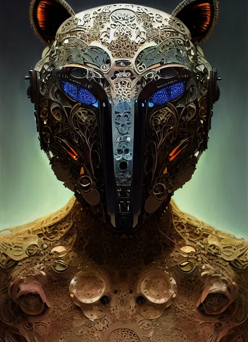 Image similar to organic cyborg, asian black bear mask opening, diffuse lighting, fantasy, intricate, elegant, highly detailed, lifelike, photorealistic, digital painting, artstation, illustration, concept art, smooth, sharp focus, Bright colours, art by John Collier and Albert Aublet and Krenz Cushart and Artem Demura and Alphonse Mucha