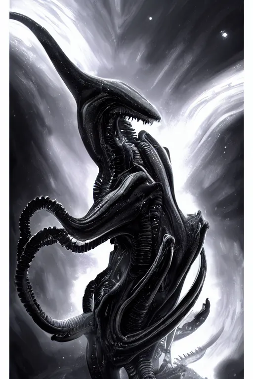 Image similar to black and white, deep space, nebula, giant xenomorph alien mixed with sharks extra teeth, tentacles, highly detailed, digital painting, artstation, concept art, smooth, sharp focus, illustration, unreal engine 5, 8 k, art by carlos huante and greg rutkowski and alphonse mucha and ifbb pro fitness photograph