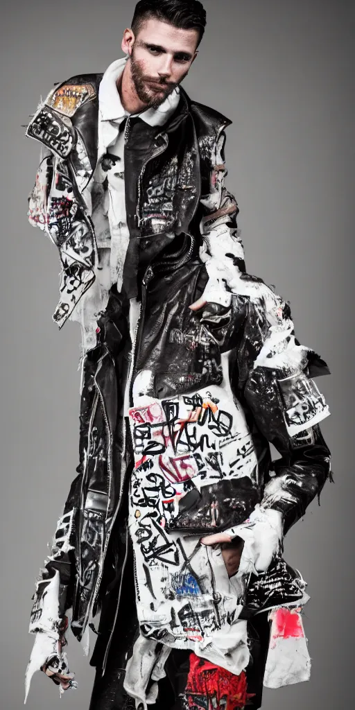 Image similar to an editorial photo of a male model wearing a distressed baggy cropped leather menswear jacket with graffiti all over, 4 k, studio lighting