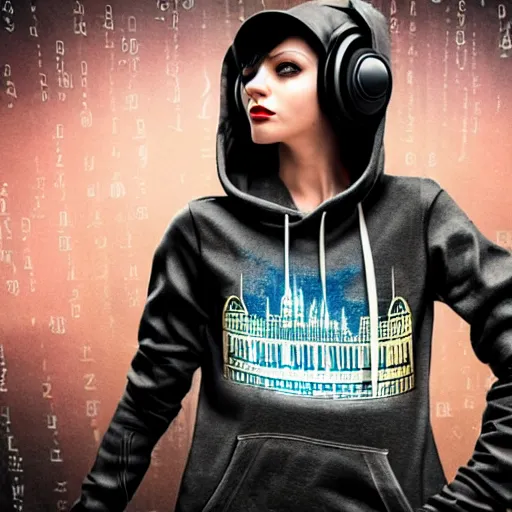 Image similar to dark future cyberpunk steampunk city woman wearing headphones short hair funky haircut wearing a hoodie with a rainy city in the background cloudy sky