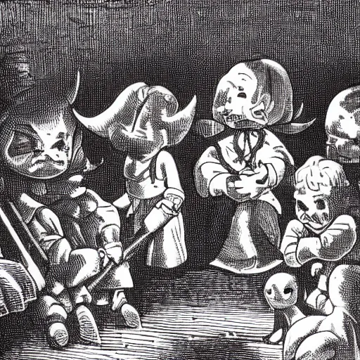 Prompt: Little devil crowd in the attic, dark, shadows, night