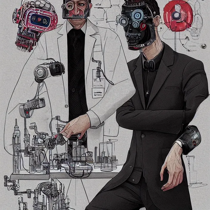 Image similar to A portrait of one! chilean mad scientist male with cyborg face looking at the camera with a queasy smile!!, wearing a black suit under a white! laboratory coat, in a mixed style of Botticelli and Æon Flux!!, inspired by Simon Stålenhag paintings, and cyberpunk!!!, stunningly detailed, stunning inking lines, flat colors, 4K photorealistic