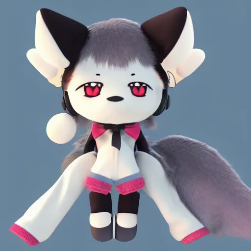 Prompt: cute fumo plush of a popstar wolf girl, anime girl, idol, headphones, tomboy, artstation, bubblegum pop, black and white, snowing, vray