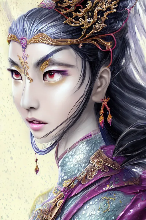 Prompt: beautiful ancient fantasy portrait of wuxia armored heroine, face trending by artbreeder wearing like Xian Xia wardrobe, in forbidden City, hybrid from Dynasty Warriror, flowers sea rainning everywhere, intricate, very very beautiful, elegant, highly detailed, digital painting, beautiful glowing galaxy eyes, human anatomy, hyperrealistic, soft light, dynamic, artstation, fantasy concept art, smooth, sharp focus, illustration, art by alphonse mucha and WLOP and tian zi