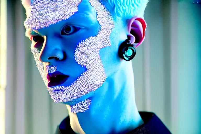 Image similar to a close - up risograph of cyberpunk albinism model men wearing lots of transparent and cellophane accessories, huge earrings and queer make up, blue hour, twilight, cool, portrait, crispy, full - shot, blue sky, kodachrome, photo by mayumi hosokura, style by moebius