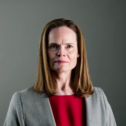 Prompt: Portrait photo of Amy Coney Barrett as a character in movie The Handmaid's Tale, studio lighting, 85mm f/1.4