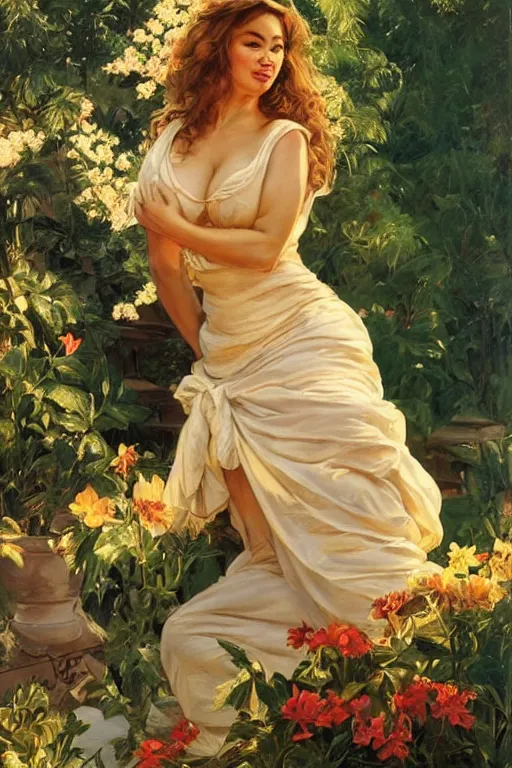 Image similar to Sofia Vergara, golden hour, in a garden, artstation, by J. C. Leyendecker and Peter Paul Rubens,