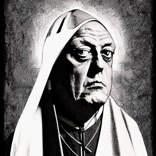 Image similar to graphic illustration, creative design, aleister crowley as a nun, biopunk, francis bacon, highly detailed, hunter s thompson, concept art