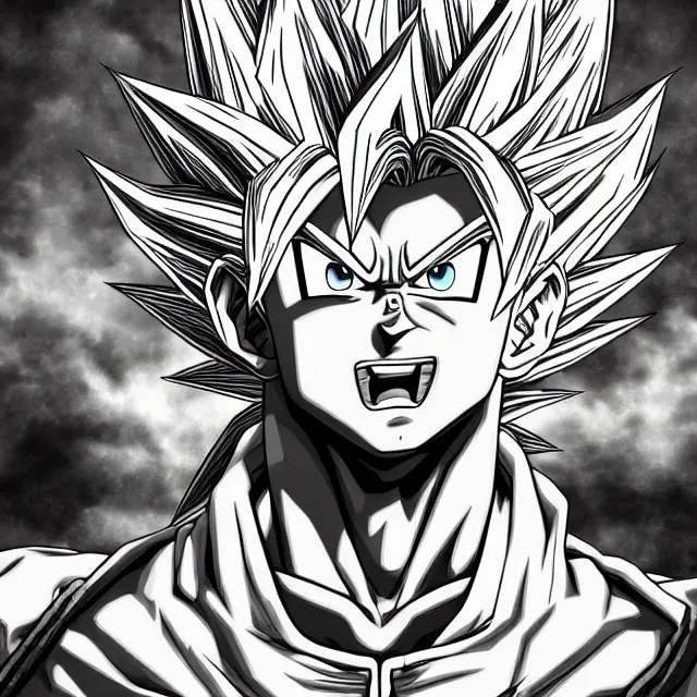 Prompt: super saiyan in the style of jojo's bizarre adventure, ultrafine hyperrealistic detailed face illustration by kim jung gi, irakli nadar, intricate linework, sharp focus, bright colors, matte, octopath traveler, final fantasy, unreal engine highly rendered, global illumination, radiant light, intricate rainbow environment