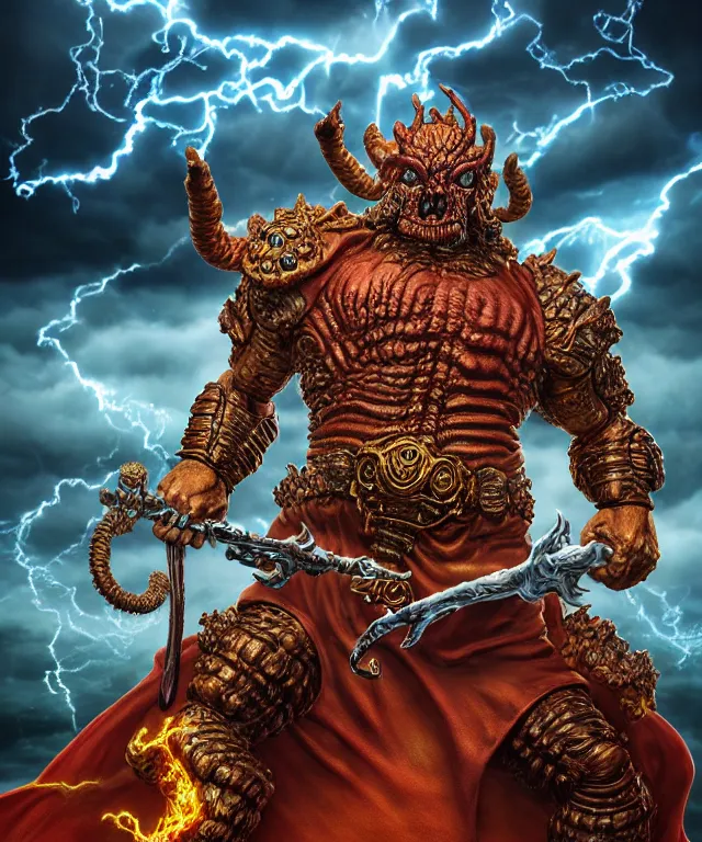 Image similar to hyperrealistic rendering, epic boss battle, ornate supreme demon overlord, by art of skinner and richard corben and jeff easley, product photography, action figure, sofubi, storm clouds, outside, lightning