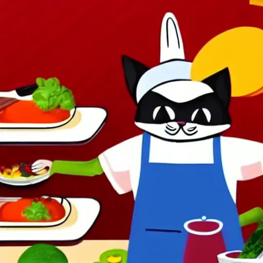 Image similar to anthropomorphic cat chef cooking a delicious colorful soup, digital painting, youtube video thumbnail