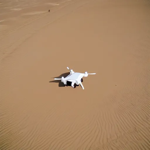 Prompt: photograph of a low polygon drone flying above sand,