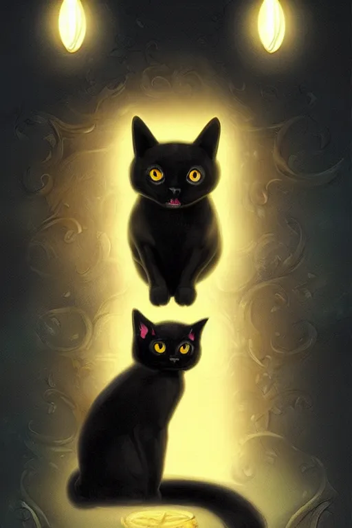 Prompt: evil black cat sitting next to a glowing doorway, by Anne Stokes, digital illustration, artstation, artstation hq, hd