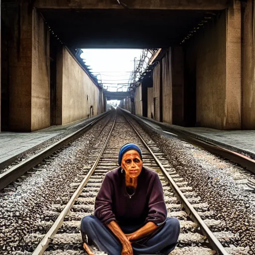 Image similar to poor people life under railway bridge, award winning, realistic, 4 k, hyper details, portrait by steve mccury and annie leibovitz and chindy sherman