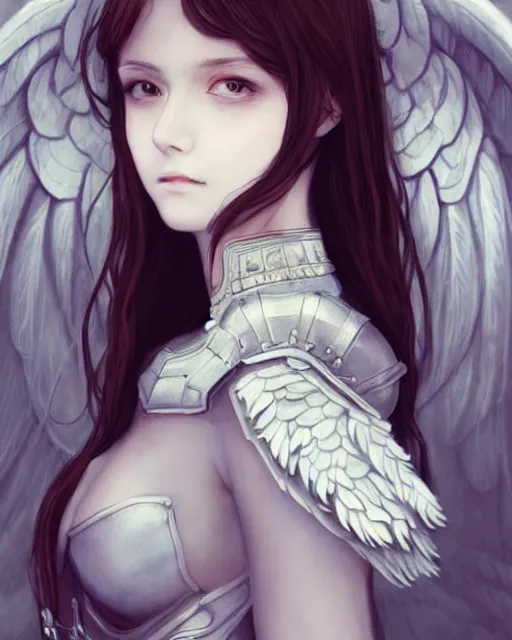 Image similar to an infinitely detailed portrait of a frail and pale female peace angel elegantly. fully - clothed full - body, beautiful! scenery art!! coherent! by wlop & murata range, victorian armor trim, cold color palette, artstation / pixiv!! elegantly armored angel portrait full - body, dreamy art