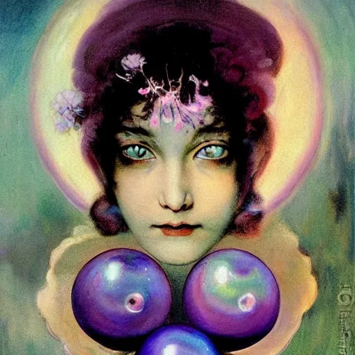 Prompt: a girl with three eyes : : on 5 translucent luminous spheres, full of floral and berry fillings, in an ocean of lavender color by frank frazetta