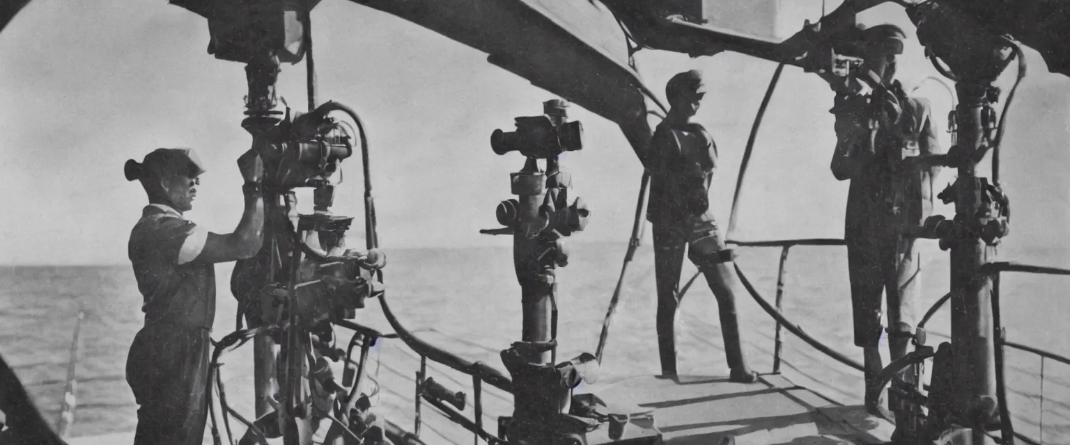 Image similar to detailed sharp portrait photograph in the style of popular science circa 1 9 5 5 of a sailor standing on the bridge of a ship look through binoculars