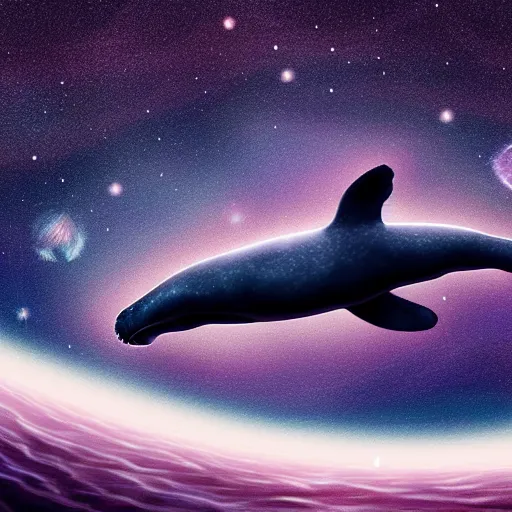 Prompt: portrait of space whale swimming on a dark night sky in space, flying across the universe, oniric, dreamy, beautiful, highly detailed, realistic, cinematic, dynamic composition