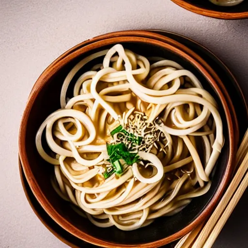 Image similar to “ a wooden bowl of udon noodles, ultra high quality, 8 k food photography. ”
