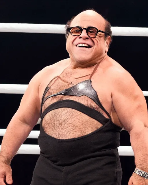 Image similar to danny devito as a wwe wrestler. photographic, photography